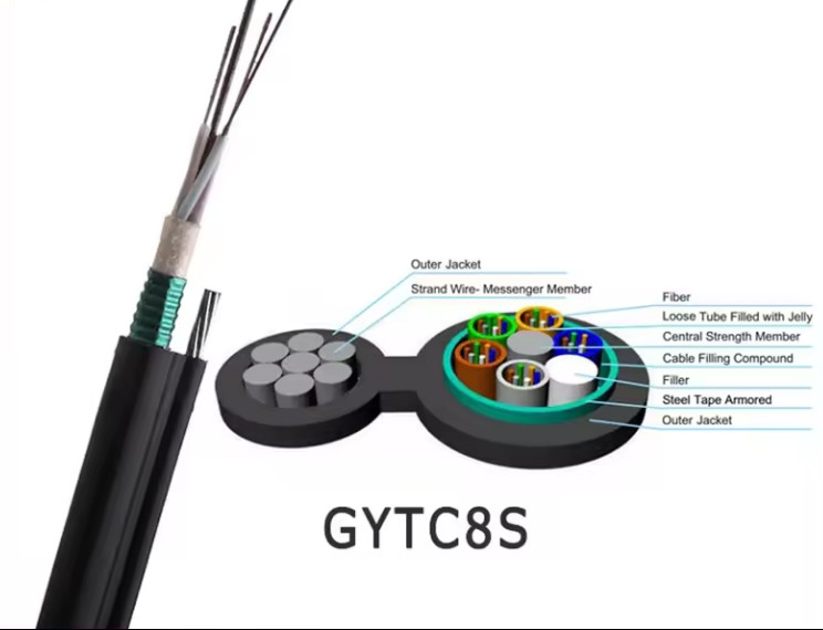 Αεροπορικό GYTC8S θωρακισμένο σχήμα 8 Καλώδιο με χάλυβα ταινία 24 36 48 72 Κέντρο G652D οπτικό καλώδιο ινών